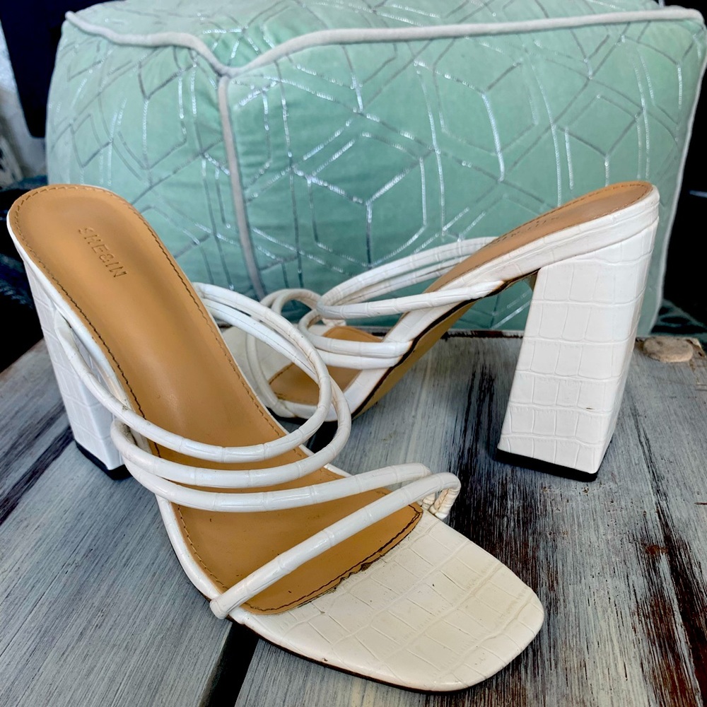white strapped heels
